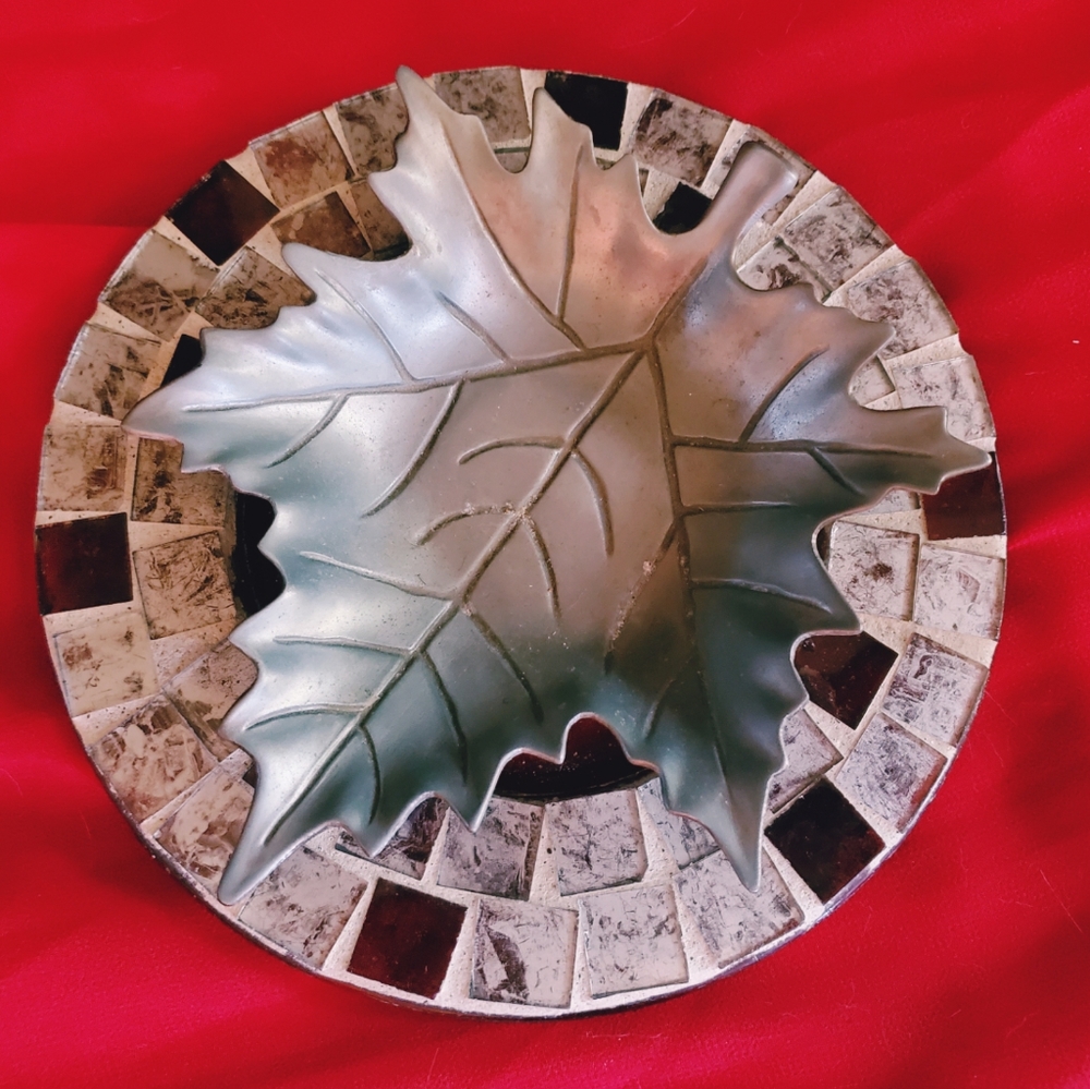 Mosiac plate with pewter leaf